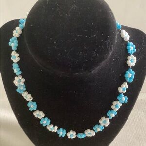 Floral Beaded Necklace - Blue and White